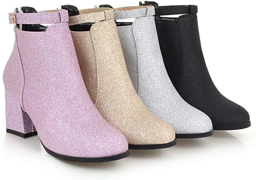 MIOKE Women's Fashion Glitter Dressy Ankle Boots Round Toe Buckle Zip Chunky High Heel Dressy Short Booties