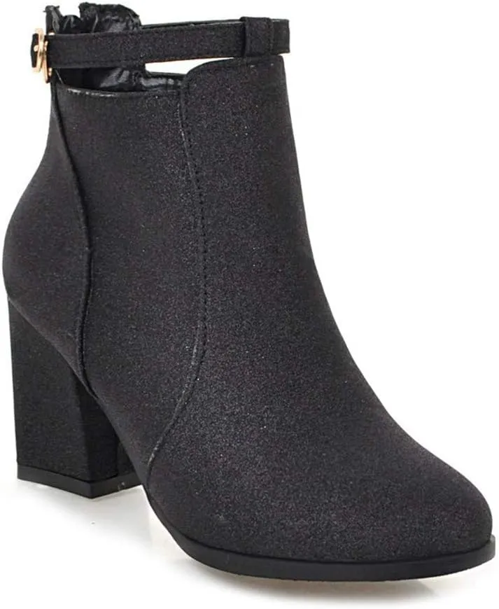 MIOKE Women's Fashion Glitter Dressy Ankle Boots Round Toe Buckle Zip Chunky High Heel Dressy Short Booties