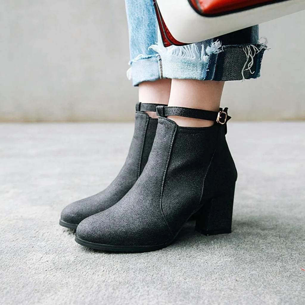 MIOKE Women's Fashion Glitter Dressy Ankle Boots Round Toe Buckle Zip Chunky High Heel Dressy Short Booties