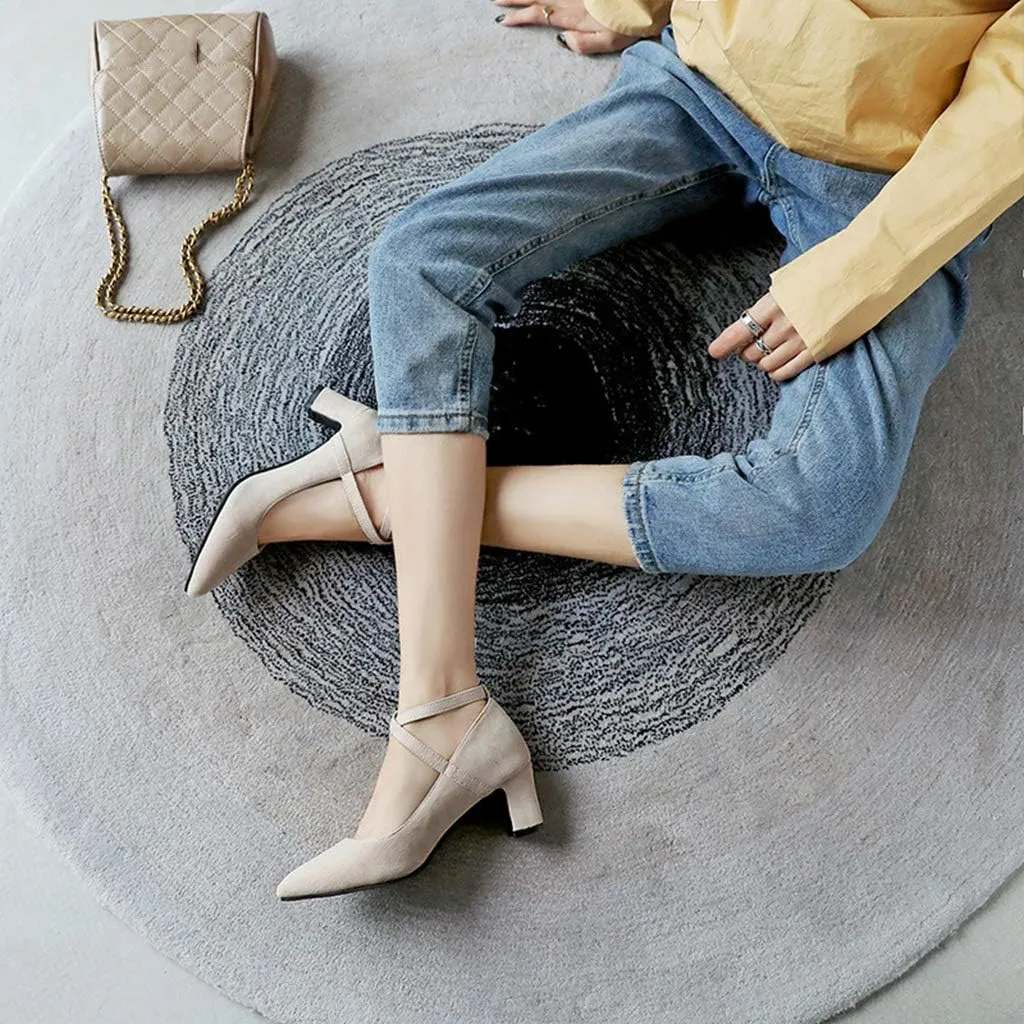 MIOKE Women's Pointed Toe Chunky Mid Block Heel Pumps Suede Comfy Cross Strap Mary Jane Elegant Dress Shoes
