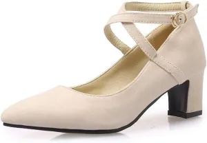 MIOKE Women's Pointed Toe Chunky Mid Block Heel Pumps Suede Comfy Cross Strap Mary Jane Elegant Dress Shoes