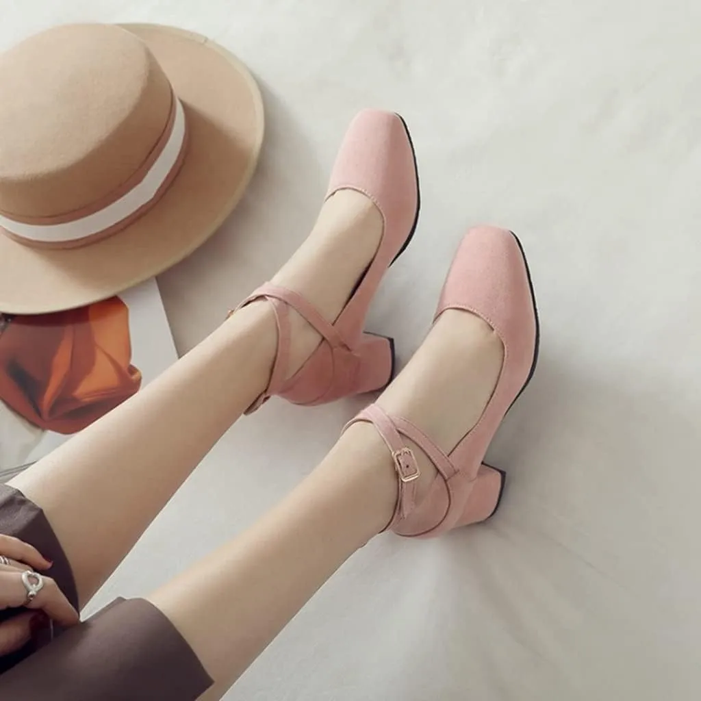 MIOKE Women's Square Toe Chunky Mid Block Heel Pumps Suede Comfy Cross Strap Elegant Mary Jane Dress Shoes