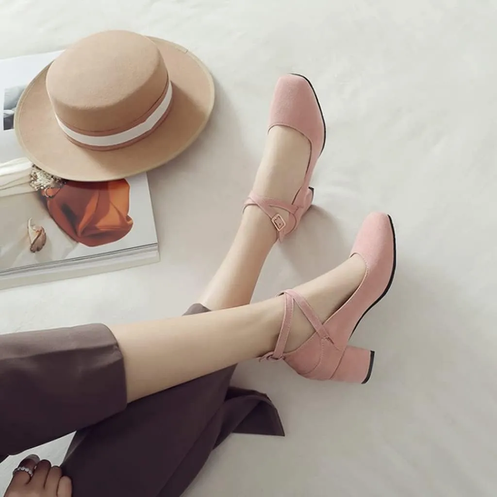 MIOKE Women's Square Toe Chunky Mid Block Heel Pumps Suede Comfy Cross Strap Elegant Mary Jane Dress Shoes