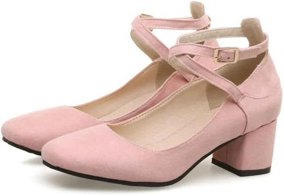 MIOKE Women's Square Toe Chunky Mid Block Heel Pumps Suede Comfy Cross Strap Elegant Mary Jane Dress Shoes