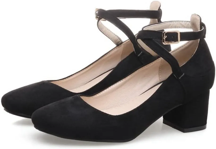 MIOKE Women's Square Toe Chunky Mid Block Heel Pumps Suede Comfy Cross Strap Elegant Mary Jane Dress Shoes
