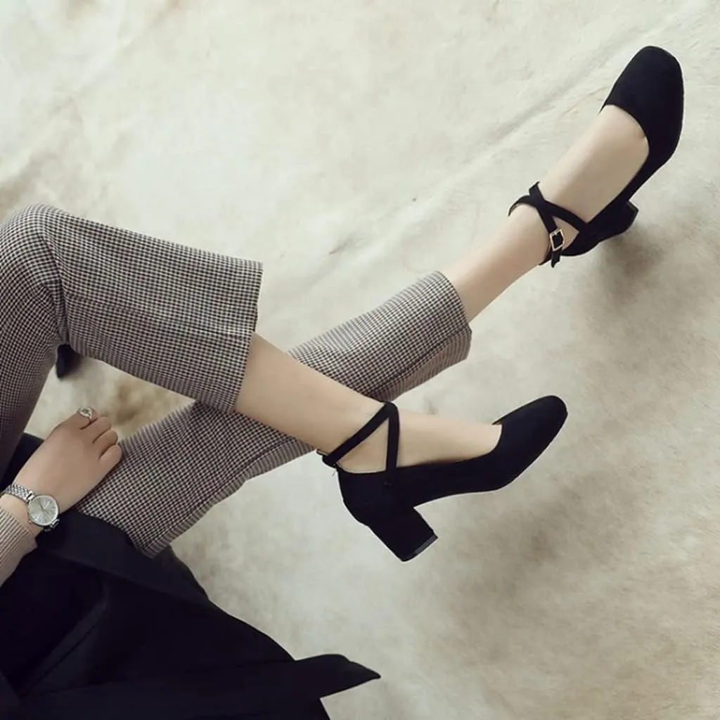 MIOKE Women's Square Toe Chunky Mid Block Heel Pumps Suede Comfy Cross Strap Elegant Mary Jane Dress Shoes