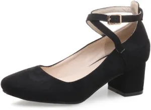 MIOKE Women's Square Toe Chunky Mid Block Heel Pumps Suede Comfy Cross Strap Elegant Mary Jane Dress Shoes