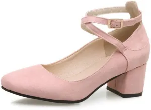 MIOKE Women's Square Toe Chunky Mid Block Heel Pumps Suede Comfy Cross Strap Elegant Mary Jane Dress Shoes