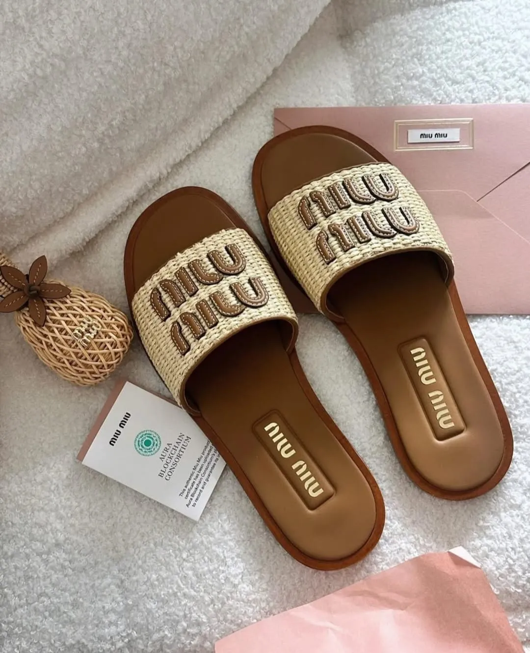 Miu Miu Raffia Effect Woven Slides For Woman