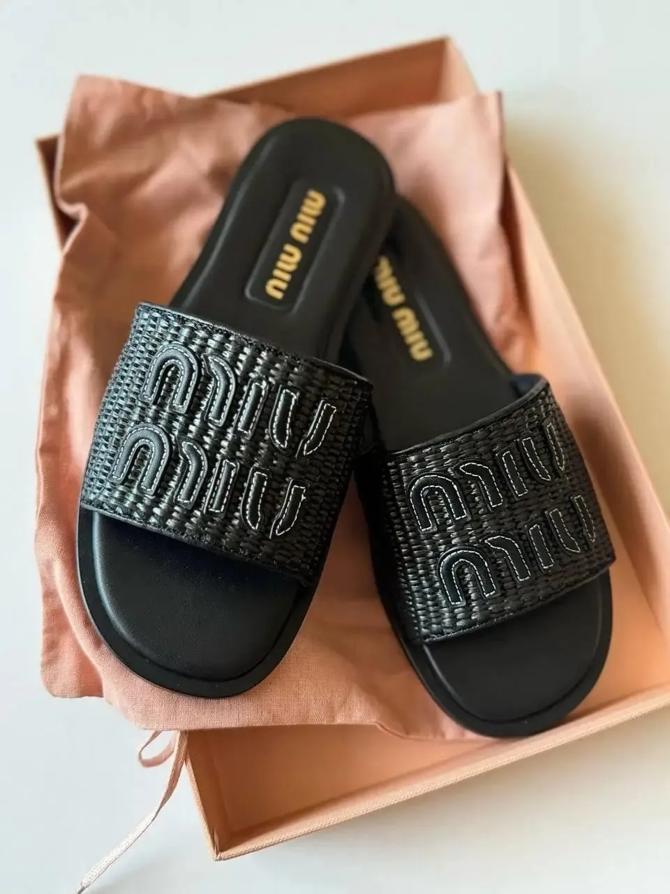 Miu Miu Raffia Effect Woven Slides For Woman