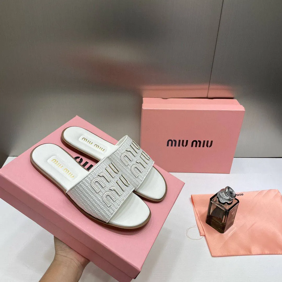 Miu Miu Raffia Effect Woven Slides For Woman