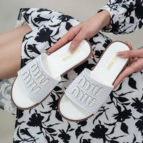 Miu Miu Raffia Effect Woven Slides For Woman