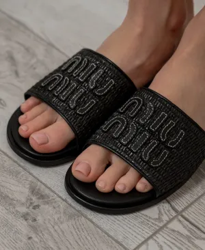 Miu Miu Raffia Effect Woven Slides For Woman