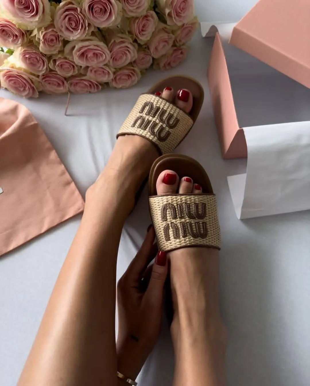 Miu Miu Raffia Effect Woven Slides For Woman