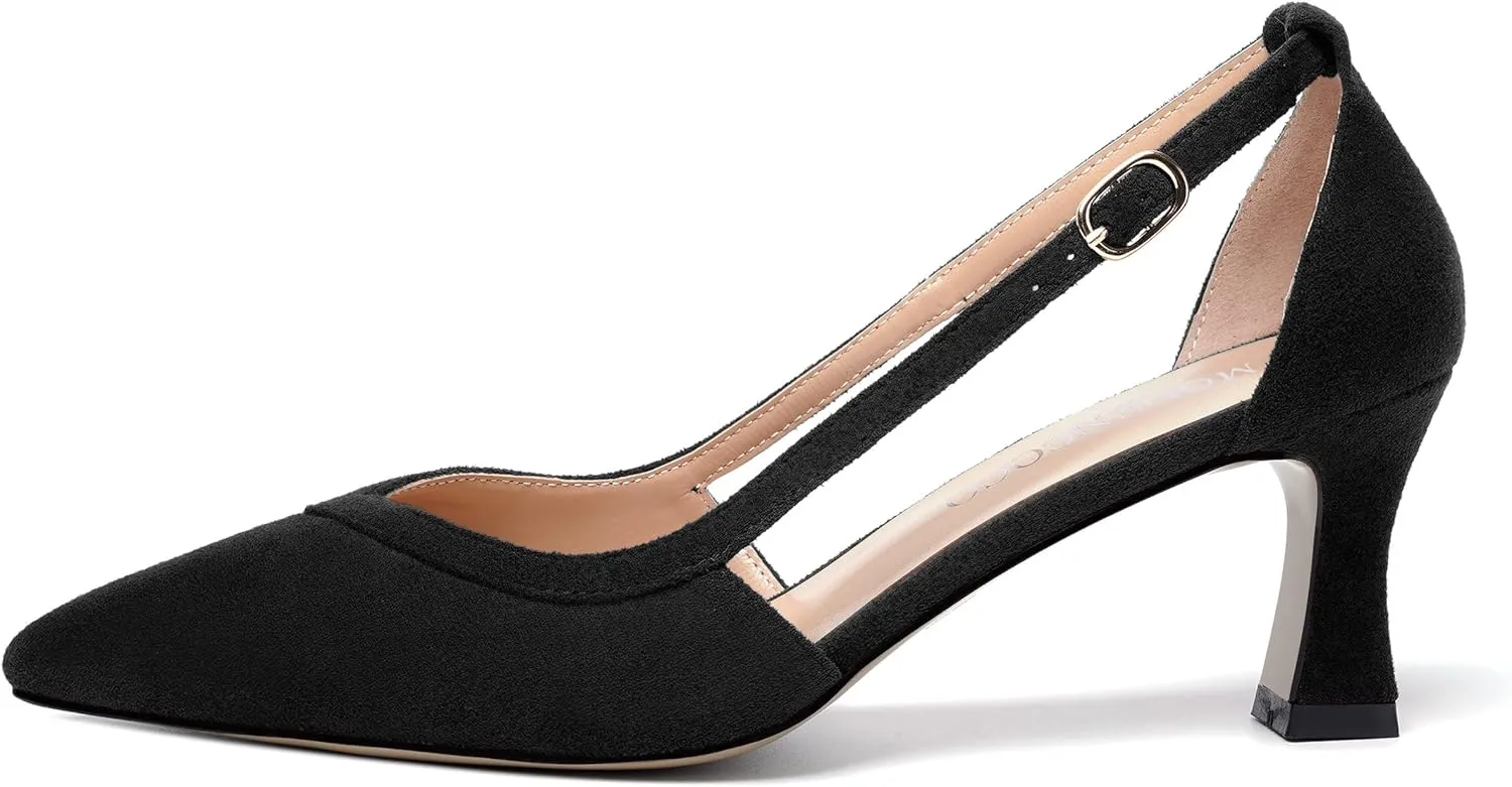 MODENCOCO Womens Casual Pointed Toe Elegant Buckle Wedding Suede Stiletto Mid Heel Pumps Dress Shoes 2.5 Inch