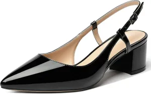 MODENCOCO Women's Cut Out Patent Ankle Strap Pointed Toe Slingback Chunky Low Heel Pumps Office Dress Shoes 2 Inch
