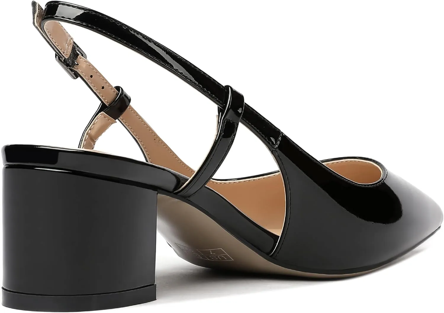 MODENCOCO Women's Cut Out Patent Ankle Strap Pointed Toe Slingback Chunky Low Heel Pumps Office Dress Shoes 2 Inch