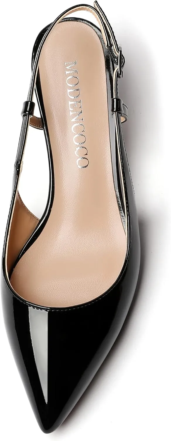 MODENCOCO Women's Cut Out Patent Ankle Strap Pointed Toe Slingback Chunky Low Heel Pumps Office Dress Shoes 2 Inch
