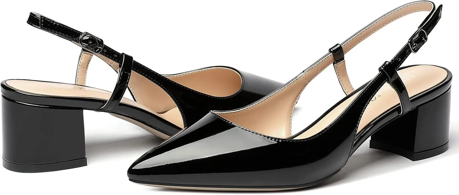 MODENCOCO Women's Cut Out Patent Ankle Strap Pointed Toe Slingback Chunky Low Heel Pumps Office Dress Shoes 2 Inch