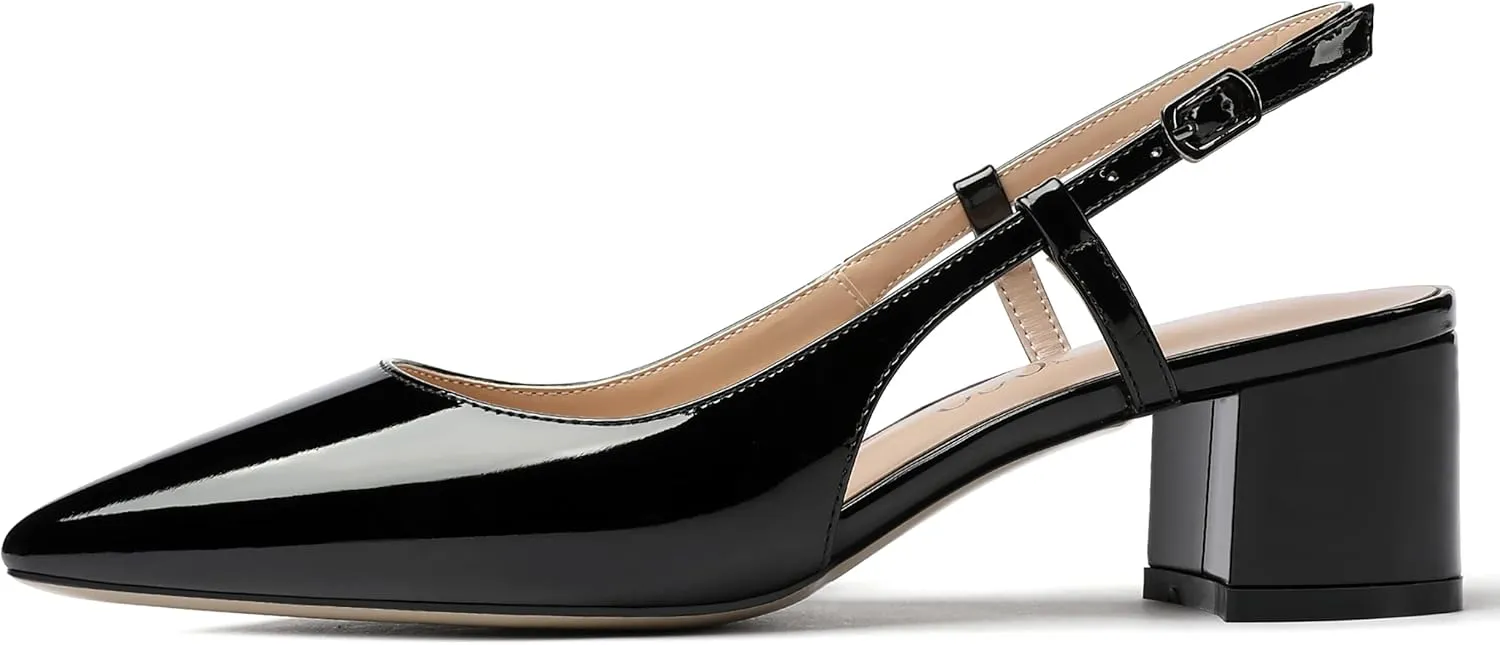 MODENCOCO Women's Cut Out Patent Ankle Strap Pointed Toe Slingback Chunky Low Heel Pumps Office Dress Shoes 2 Inch