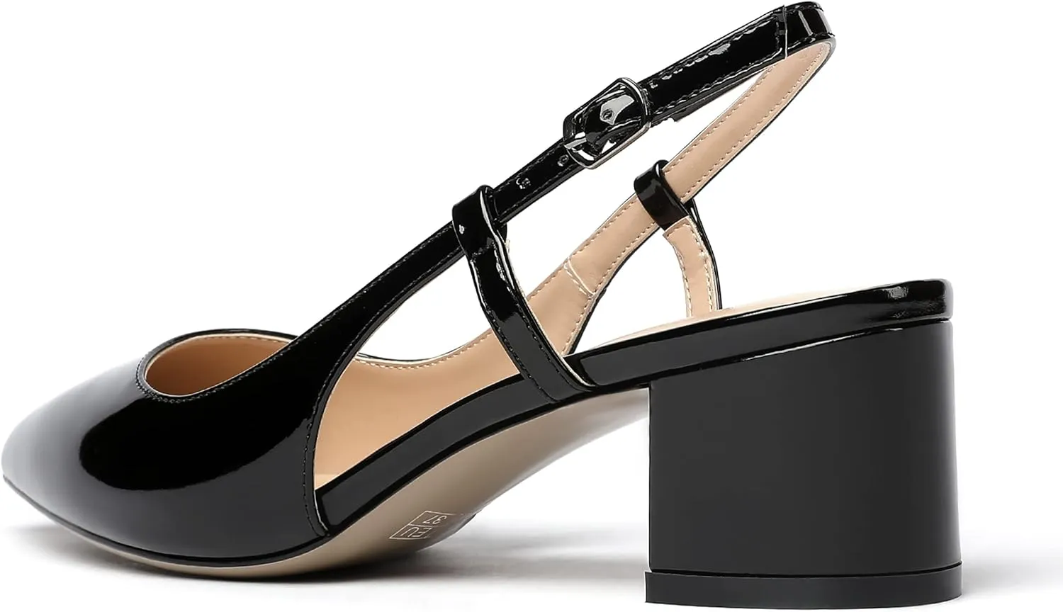 MODENCOCO Women's Cut Out Patent Ankle Strap Pointed Toe Slingback Chunky Low Heel Pumps Office Dress Shoes 2 Inch