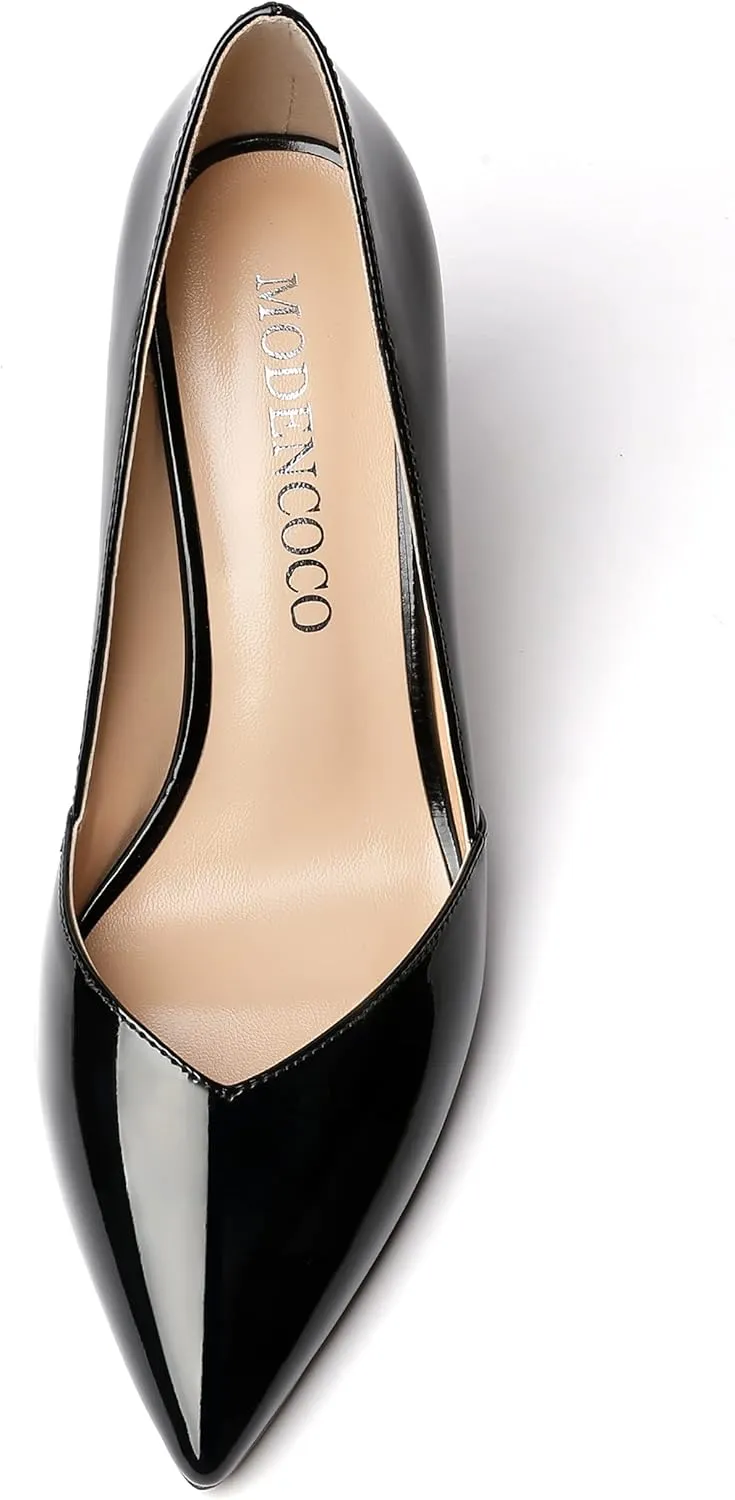 MODENCOCO Women's Pointed Toe Slip On Patent Cut Out Block High Heel Pumps Shoes 3.5 Inch