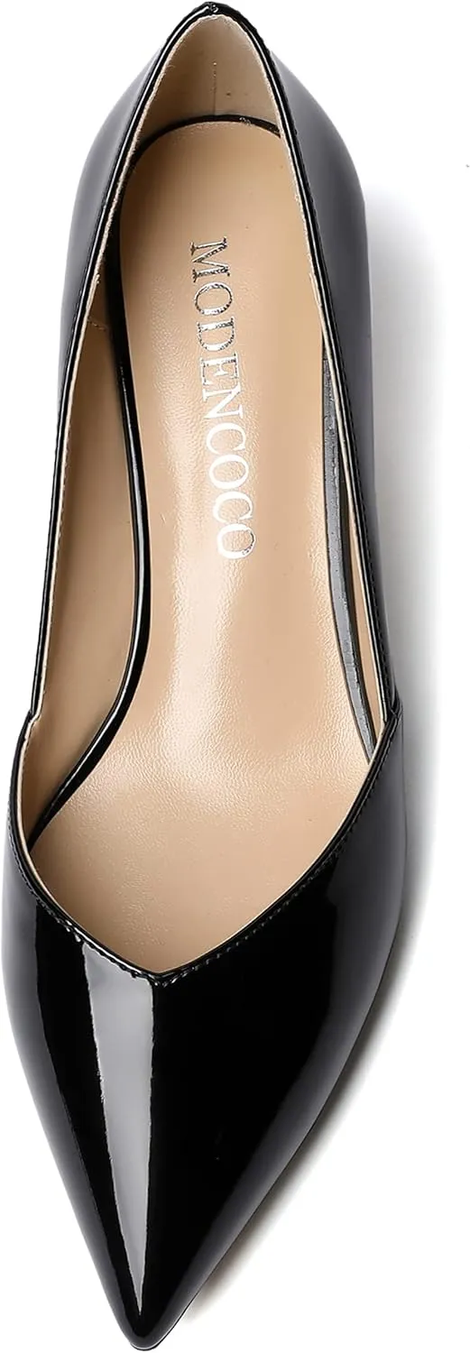 MODENCOCO Women's Slip On Pointed Toe Patent Cut Out Kitten Low Heel Pumps Shoes 2 Inch