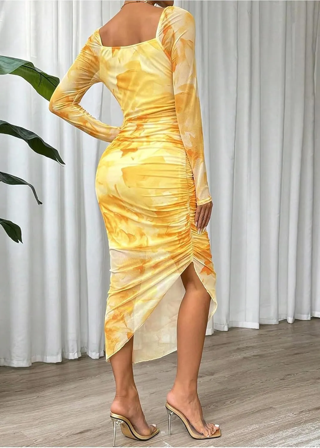 MOEENCN Women's Sexy Bodycon Midi Dress Birthday Outfits Sheer Mesh High Neck Ruched Date Night Club Party Dresses