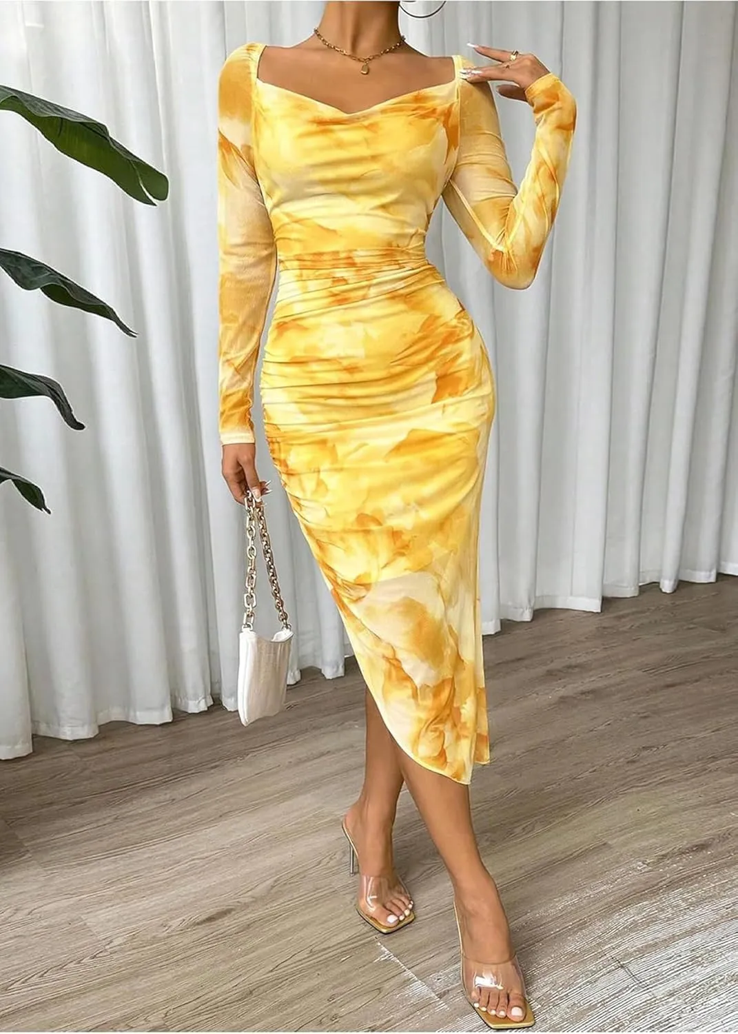 MOEENCN Women's Sexy Bodycon Midi Dress Birthday Outfits Sheer Mesh High Neck Ruched Date Night Club Party Dresses