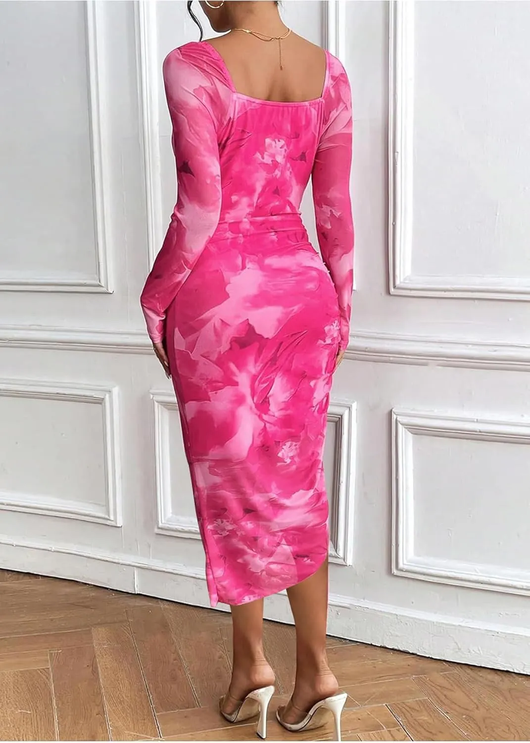MOEENCN Women's Sexy Bodycon Midi Dress Birthday Outfits Sheer Mesh High Neck Ruched Date Night Club Party Dresses