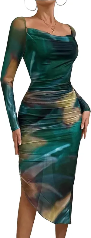 MOEENCN Women's Sexy Bodycon Midi Dress Birthday Outfits Sheer Mesh High Neck Ruched Date Night Club Party Dresses