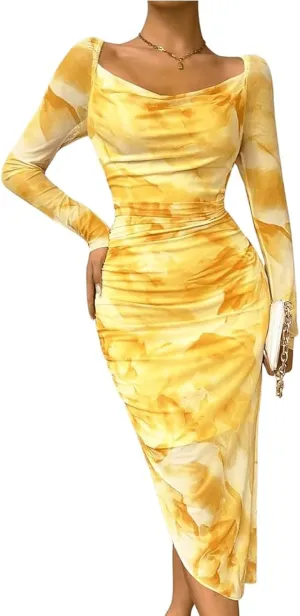 MOEENCN Women's Sexy Bodycon Midi Dress Birthday Outfits Sheer Mesh High Neck Ruched Date Night Club Party Dresses