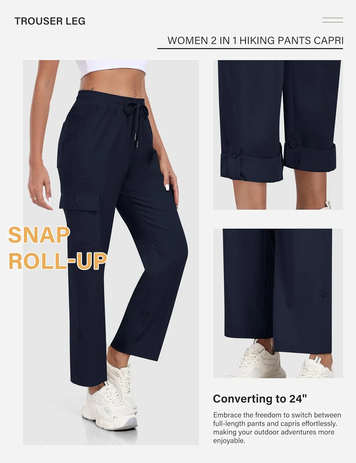 MoFiz Women's Hiking Pants Roll Up Convertible Capri Pant Lightweight Quick Dry Outdoor Travel Athletic Pants Pockets