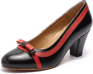 Mona flying Leather Mid Chunky Pumps Elegant Women Slip On Classic Comfortable Elegant Handmade Work Shoes