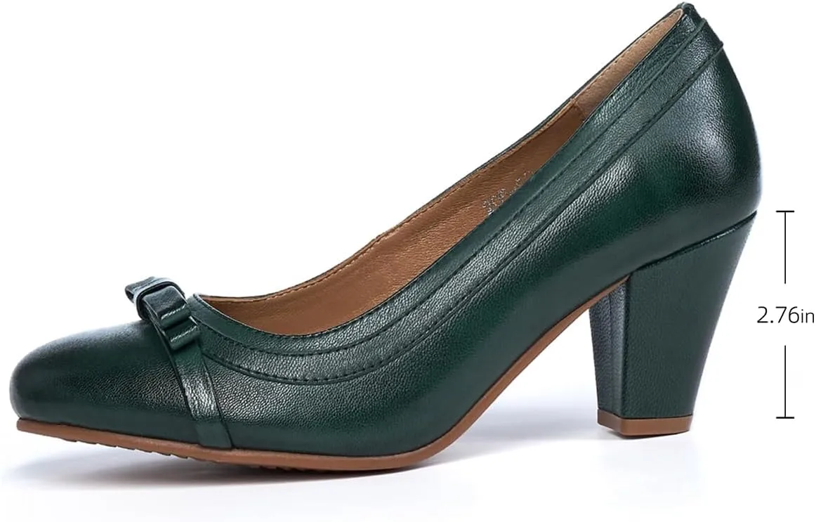 Mona flying Leather Mid Chunky Pumps Elegant Women Slip On Classic Comfortable Elegant Handmade Work Shoes