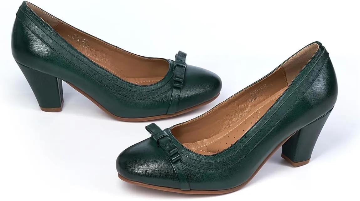 Mona flying Leather Mid Chunky Pumps Elegant Women Slip On Classic Comfortable Elegant Handmade Work Shoes