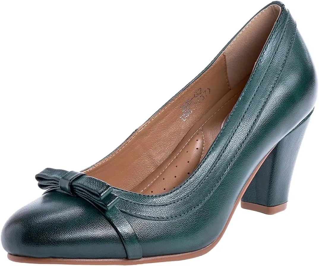Mona flying Leather Mid Chunky Pumps Elegant Women Slip On Classic Comfortable Elegant Handmade Work Shoes
