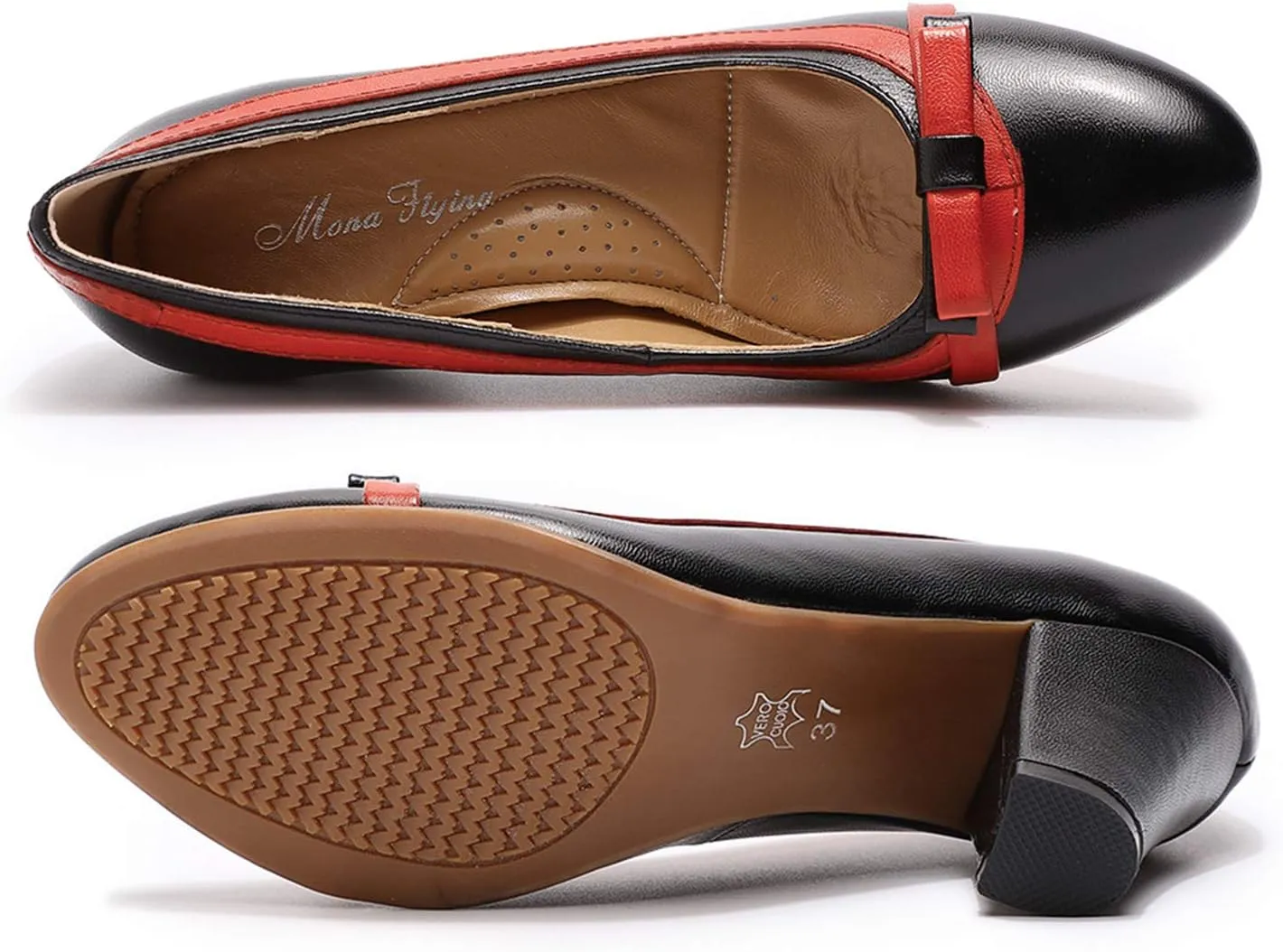 Mona flying Leather Mid Chunky Pumps Elegant Women Slip On Classic Comfortable Elegant Handmade Work Shoes