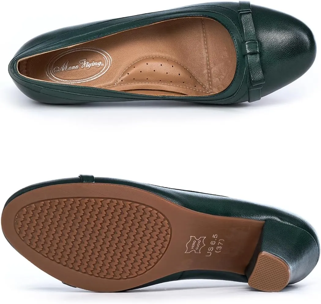 Mona flying Leather Mid Chunky Pumps Elegant Women Slip On Classic Comfortable Elegant Handmade Work Shoes