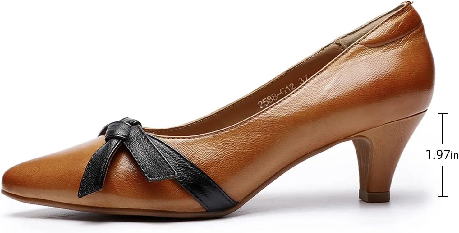 Mona flying Womens Leather Elegant Pointed Toe Bowknot Pumps Ladies Kitten Heels Dressy Casual Office Work Shoes