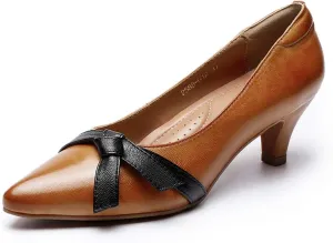 Mona flying Womens Leather Elegant Pointed Toe Bowknot Pumps Ladies Kitten Heels Dressy Casual Office Work Shoes