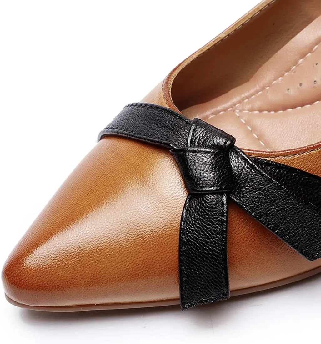 Mona flying Womens Leather Elegant Pointed Toe Bowknot Pumps Ladies Kitten Heels Dressy Casual Office Work Shoes