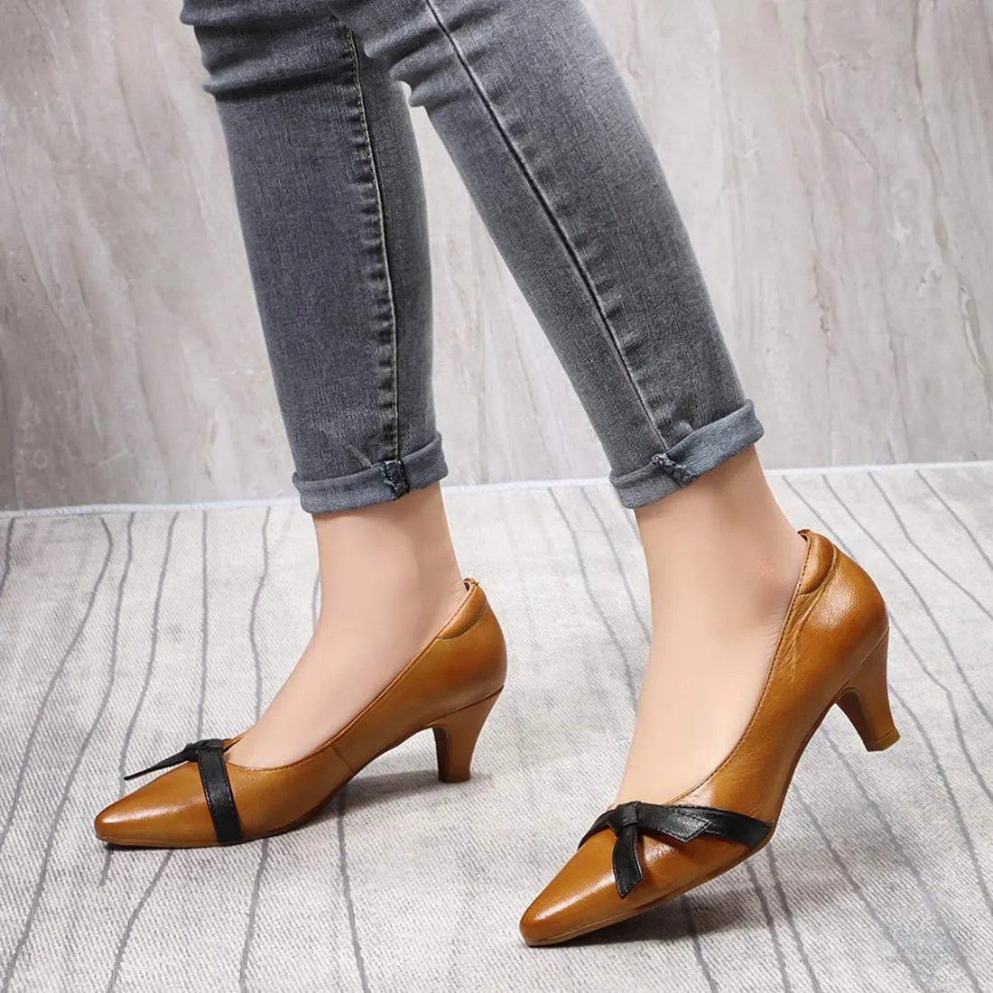Mona flying Womens Leather Elegant Pointed Toe Bowknot Pumps Ladies Kitten Heels Dressy Casual Office Work Shoes