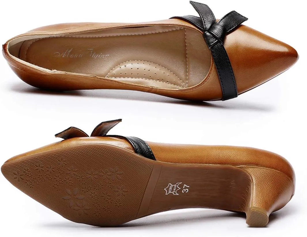 Mona flying Womens Leather Elegant Pointed Toe Bowknot Pumps Ladies Kitten Heels Dressy Casual Office Work Shoes
