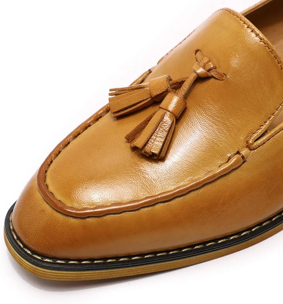 Mona flying Women's Leather Tassel Loafer Dress Casual Slip on Flat Work Shoes for Ladies