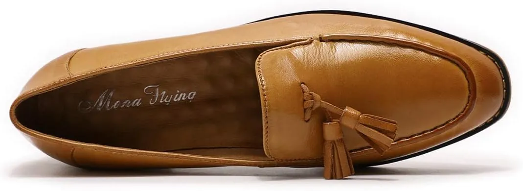 Mona flying Women's Leather Tassel Loafer Dress Casual Slip on Flat Work Shoes for Ladies