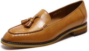 Mona flying Women's Leather Tassel Loafer Dress Casual Slip on Flat Work Shoes for Ladies