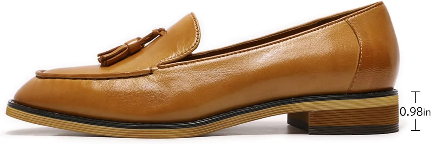 Mona flying Women's Leather Tassel Loafer Dress Casual Slip on Flat Work Shoes for Ladies