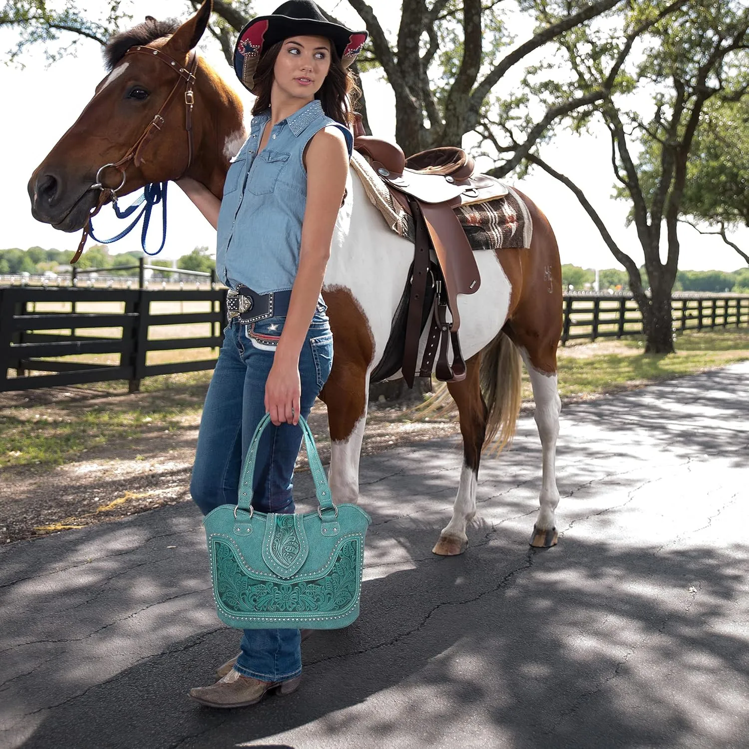 Montana West Western Tote Bags for Women Tooled Shoulder Ladies Top Handle Handbag