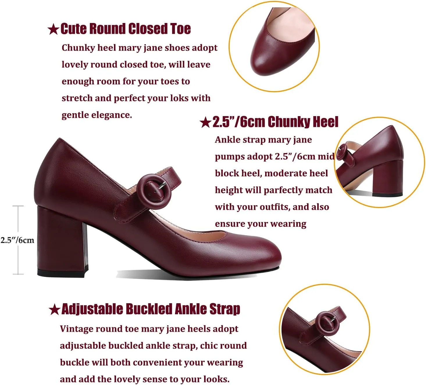 MOOMMO Women Classic Mary Jane Heels Pumps Shoes Ankle Strap Closed Round Toe Dress Sandals Chunky Block Heels Comfort Wedding Party Evening Pump Mid Heel Basic Office Work Shoes Elegant 4-11 M US